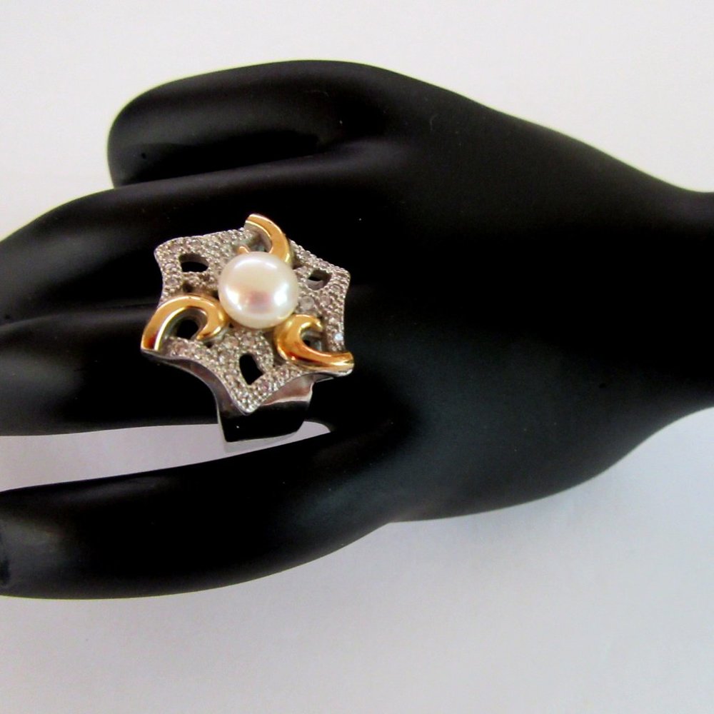 Gold 18K & sterlng silver star shaped pearl cocktail dinner ring size 6